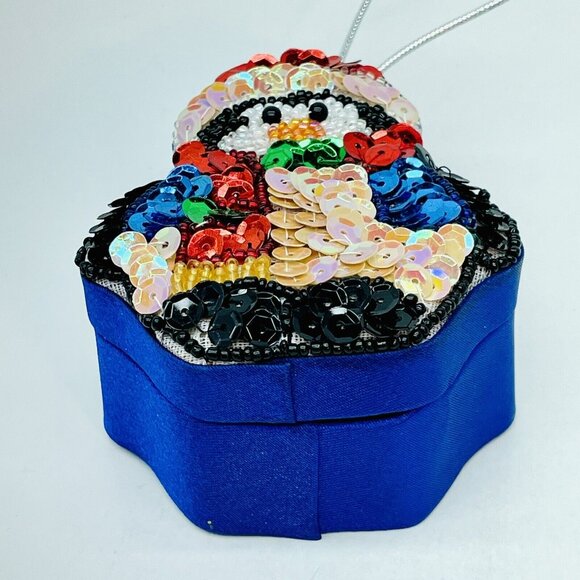 Penguin Sequin Beaded Ornament Trinket Box Blue Satin W Gift Pouch Handmade - Picture 4 of 13